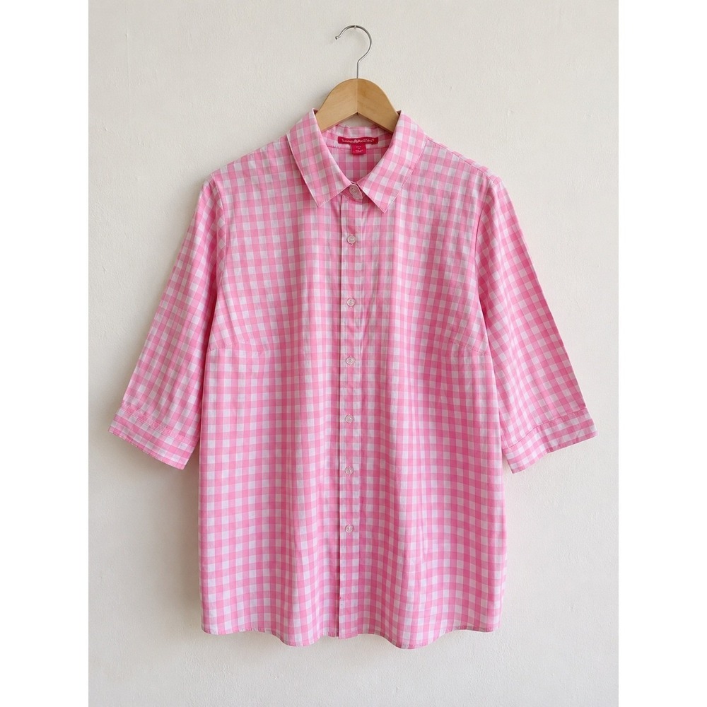 Woman Within‎ Pink Gingham Perfect Three-Quarter Sleeve Shirt Size 14/16 M